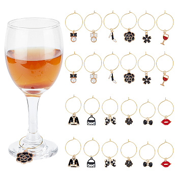 24Pcs 12 Style Alloy Enamel & Rhinestone & ABS Plastic Imitation Pearl Wine Glass Charms, with Brass Findings, Wine Glass/Bag/Sakura Flower, Mixed Color, 40~52mm, 12 style, 2pcs/style, 24pcs/set