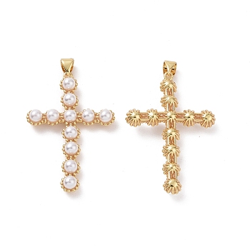 Plastic Imitation Pearl Pendants, with Brass Findings, Cross Charm, Real 18K Gold Plated, 39.5x26.5x5.5mm, Hole: 4x5.5mm