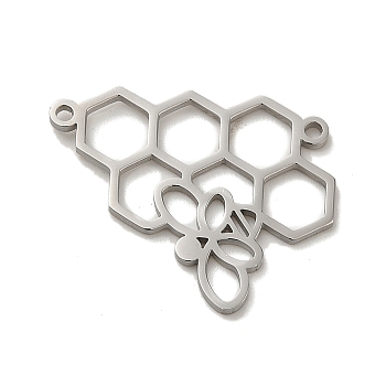 304 Stainless Steel Connector Charms, Laser Cut, Honeycomb with Bee Link, Stainless Steel Color, 17.5x22x1mm, Hole: 1.2mm
