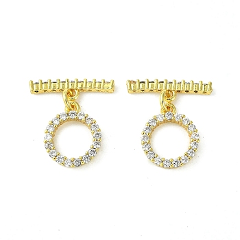 Rack Plating Eco-Friendly Brass Pave Clear Cubic Zirconia Toggle Claps, Long-Lasting Plated, Lead Free & Cadmium Free, Ring, Real 18K Gold Plated, Ring:14.2x12x2.5mm, Hole: 1.3mm, Bar: 5x18x2mm, Hole: 1.3mm