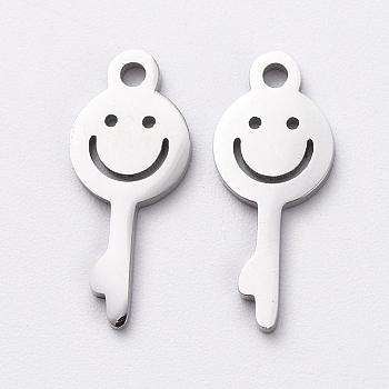304 Stainless Steel Charms, Cut-Out, Manual Polishing, Hollow, Key with Smile, Stainless Steel Color, 13x5.5x1mm, Hole: 1mm