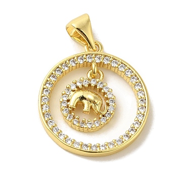 Brass Micro Pave Cubic Zirconia Pendants, Real 18K Gold Plated, Round with Elephant, Real 18K Gold Plated, 20.5x17.5x3mm, Hole: 5x3.5mm