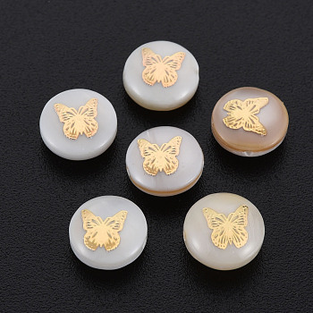 Natural Freshwater Shell Beads, with Golden Plated Brass Metal Embellishments, Flat Round with Butterfly, Seashell Color, 8x3.5mm, Hole: 0.7mm