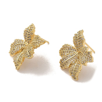 Brass Micro Pave Cubic Zirconia Earrings for Women, Flower, Real 18K Gold Plated, 24x23mm