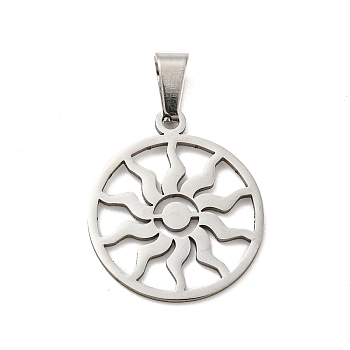 Laser Cut 304 Stainless Steel Pendants, Flat Round with Sun Charm, Stainless Steel Color, 23x20x1mm, Hole: 5.5x3mm