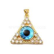 Real 18K Gold Plated Brass Pendants, with Glass and Acrylic, Triangle With Evil Eye Charms, Deep Sky Blue, 27x28x7mm, Hole: 4x3.5mm(KK-L209-007G-02)