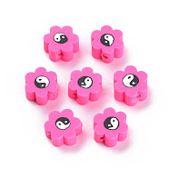 Handmade Polymer Clay Beads, for DIY Jewelry Crafts Supplies, Flower with Yinyang, Deep Pink, 8~9x7.5~8.5x4~4.5mm, Hole: 1.6~1.8mm(CLAY-N008-027G)