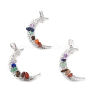 Natural Gemstone Chips Chakra Pendants, with Platinum Plated Brass Findings, Cadmium Free & Lead Free, Moon, 40.5x26x6~7mm, Hole: 6.5x4.8mm(G-C235-01-RS)