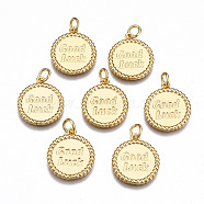 Brass Pendants, with Jump Rings, Nickel Free, Flat Round with Word Good Luck, Real 18K Gold Plated, 17x15x1.5mm, Jump Rings: 5x0.8mm, Inner Diameter: 3mm(KK-Q277-036-NF)