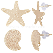 16pcs 2 style Snail & Starfish Brass Stud Earring Findings, with Vertical Loops, Nickel Free, with 30Pcs Plastic Ear Nuts, Real 18K Gold Plated, 15~19x13~20mm, Hole: 1.8mm, Pin: 0.7mm, 8pcs/style(KK-BBC0008-40)