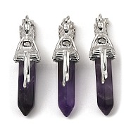 Natural Amethyst Pointed Pendants, Faceted Bullet Charms, with Rack Plating Platinum Plated Brass Fairy, 24x13mm, Hole: 5x8mm(G-Z033-15P-04)
