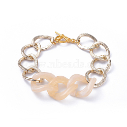 Chain Bracelets, with Aluminum Curb Chains, Acrylic Linking Rings and Alloy Toggle Clasps, Light Gold, Wheat, 7-5/8 inch(19.5cm)(X-BJEW-JB05176-03)