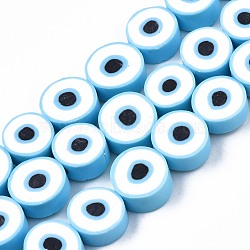 Handmade Polymer Clay Beads Strands, Flat Round with Evil Eye, Light Blue, 8~11x4mm, Hole: 1.2mm, about 40pcs/strand, 13.98 inch~ 15.35inch(35.5cm~39cm)(CLAY-S096-041F)
