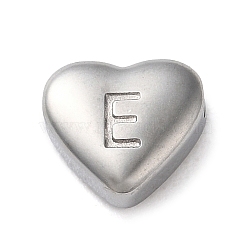 Non-Tarnish 201 Stainless Steel Beads, Stainless Steel Color, Heart, Letter E, 7x8x3.5mm, Hole: 1.5mm(STAS-M335-01E-P)