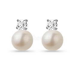 SHEGRACE Classic 925 Sterling Silver Ear Studs, with Freshwater Pearl and AAA Cubic Zirconia, Platinum, White, 12mm, Pin: 0.7mm(JE31A)