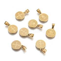 Flat Round with San Benito & Word 304 Stainless Steel Charms, Golden, 14x12x1.2mm, Hole: 4x6.5mm(STAS-YW0001-98)