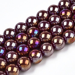 Electroplate Opaque Glass Beads Strands, AB Color Plated, Round, Dark Red, 9.5~10mm, Hole: 1.5mm, about 40~42pcs/strand, 14.76~15.12 inch(37.5~38.4cm)(GLAA-T032-P10mm-AB05)