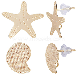 16pcs 2 style Snail & Starfish Brass Stud Earring Findings, with Vertical Loops, Nickel Free, with 30Pcs Plastic Ear Nuts, Real 18K Gold Plated, 15~19x13~20mm, Hole: 1.8mm, Pin: 0.7mm, 8pcs/style(KK-BBC0008-40)