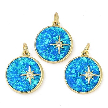 Rack Plating Brass Micro Pave Clear Cubic Zirconia Pendants, with Synthetic Opal, Long-Lasting Plated, Lead Free & Cadmium Free, Flat Round with Star Pattern, Real 18K Gold Plated, 16.5x14x2mm, Hole: 3mm