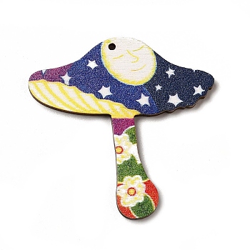 Printed Wooden Pendants, Mushroom Charms with Sun, for DIY Jewelry Decorated Making, Midnight Blue, 45x45x2mm, Hole: 2mm