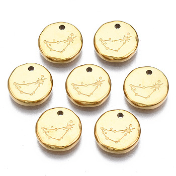 316 Surgical Stainless Steel Charms, Flat Round with Constellation, Real 14K Gold Plated, Capricorn, 10x2mm, Hole: 1mm