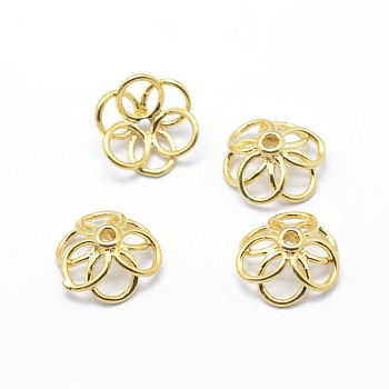 Brass Bead Caps, 6-Petal, Real 18K Gold Plated, Lead Free & Cadmium Free & Nickel Free, Flower, 15.5x5.5mm, Hole: 2mm
