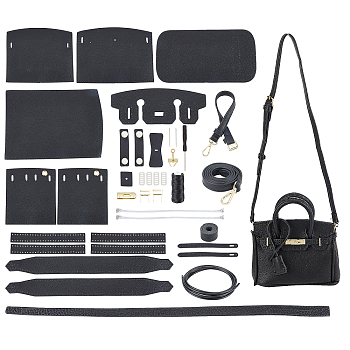 DIY Crossbody Bag Making Kits, including Imitation Leather Bottom, Covers, Strap, Cotton Threads, Cords, Alloy & Iron Clasps, Screwdriver, Needle, Black, Thread: 1mm