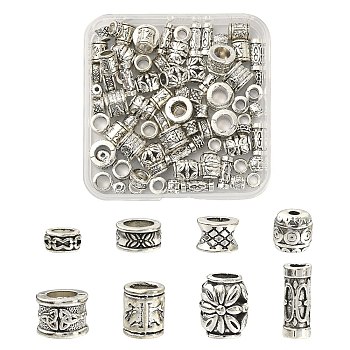 80Pcs 8 Styles Tibetan Style Alloy Beads, Large Hole Beads, Mixed Shapes, Antique Silver, 6~13x4~10.7mm, Hole: 1.6~6.3mm, 10pcs/style
