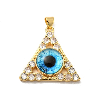 Real 18K Gold Plated Brass Pendants, with Glass and Acrylic, Triangle With Evil Eye Charms, Deep Sky Blue, 27x28x7mm, Hole: 4x3.5mm