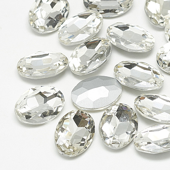 Pointed Back Glass Rhinestone Cabochons, Back Plated, Faceted, Oval, Crystal, 14x10x4.5mm