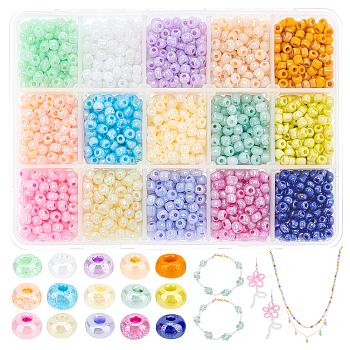 15 Colors Glass Seed Beads, Ceylon, Round, Mixed Color, 4mm, Hole: 1.5mm, about 200pcs/20g/compartment, about 3000pcs/box