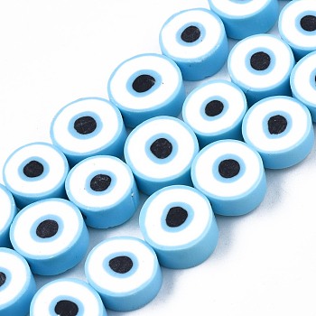 Handmade Polymer Clay Beads Strands, Flat Round with Evil Eye, Light Blue, 8~11x4mm, Hole: 1.2mm, about 40pcs/strand, 13.98 inch~ 15.35inch(35.5cm~39cm)