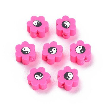 Handmade Polymer Clay Beads, for DIY Jewelry Crafts Supplies, Flower with Yinyang, Deep Pink, 8~9x7.5~8.5x4~4.5mm, Hole: 1.6~1.8mm