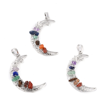 Natural Gemstone Chips Chakra Pendants, with Platinum Plated Brass Findings, Cadmium Free & Lead Free, Moon, 40.5x26x6~7mm, Hole: 6.5x4.8mm