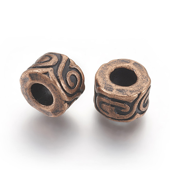 Tibetan Style Alloy European Beads, Large Hole Beads, Lead Free and Nickel Free and Cadmium Free, Column, Red Copper, 11x7mm, Hole: 5mm
