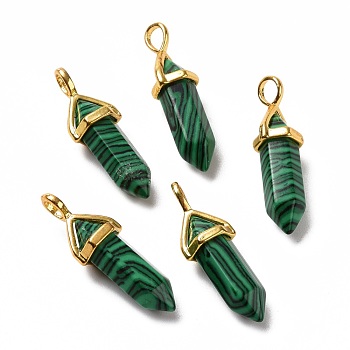 Synthetic Malachite Pendants, Faceted, with Golden Tone Brass Findings, Lead free & Cadmium Free, Bullet, 27~30x9~10x7~8mm, Hole: 4x3mm