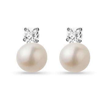 SHEGRACE Classic 925 Sterling Silver Ear Studs, with Freshwater Pearl and AAA Cubic Zirconia, Platinum, White, 12mm, Pin: 0.7mm