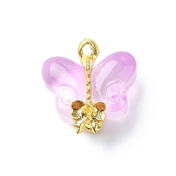 Glass Pendants, with Alloy Findings, Butterfly, Golden, Purple, 15.5x14.5x7.5mm, Hole: 1.5mm