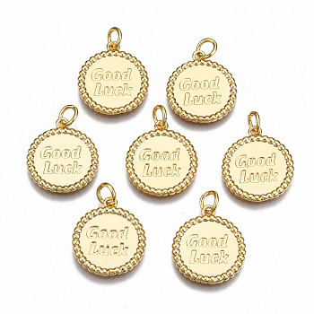 Brass Pendants, with Jump Rings, Nickel Free, Flat Round with Word Good Luck, Real 18K Gold Plated, 17x15x1.5mm, Jump Rings: 5x0.8mm, Inner Diameter: 3mm