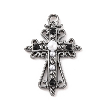 Cross Theme Brass Micro Pave Clear Cubic Zirconia Pendants, with Plastic Pearl, Black, 28.5x18.5x4.5mm, Hole: 1.6mm