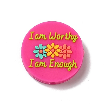 I am Worthy, I am Enough Text with Colorful Flowers Round Silicone Focal Beads, Flower, 27.5x7mm, Hole: 3.5mm