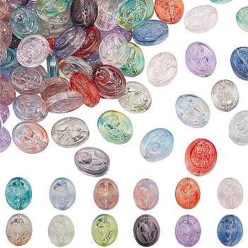 Elite 96Pcs 12 Colors Handmade Lampwork Beads, Oval with Flower Pattern, Mixed Color, 18.5x15x8mm, Hole: 1.2mm, 8pcs/color