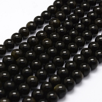 Natural Golden Sheen Obsidian Beads Strands, Round, 4mm, Hole: 0.8mm, about 87pcs/strand, 15.2 inch