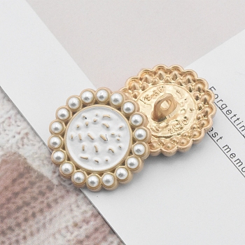 Alloy Enamel Shank Buttons, with Plastic Imitation Pearls, for Garment Accessories, White, 20mm