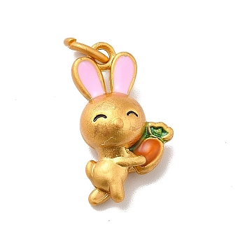 Rack Plating Alloy Enamel Pendants, Cadmium Free & Lead Free, with Jump Ring, Matte Gold Color, Rabbit with Carrot, Pink, 19.5x11x7mm, Jump Ring: 6x1mm, Inner Dimeter: 4mm