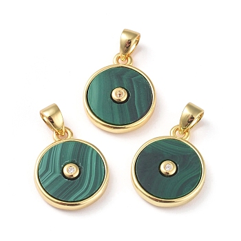 Natural Malachite Charms, with Golden Brass Findings and Clear Cubic Zirconia, Long-Lasting Plated, Flat Round, 14x11.5x2.5mm, Hole: 4x3mm