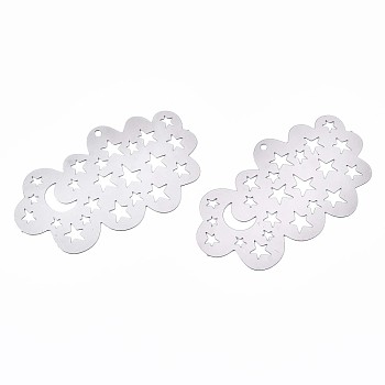 201 Stainless Steel Filigree Pendants, Etched Metal Embellishments, Cloud with Moon & Star, Stainless Steel Color, 23.5x41.5x0.2mm, Hole: 1.2mm