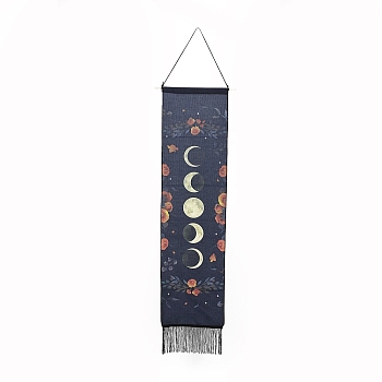 Rectangle Linen Tapestry, Wall Decoration, with Wood Bar, PP Cord, Iron Finding, Moon Phase Pattern, 1600mm