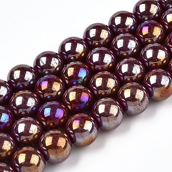 Electroplate Opaque Glass Beads Strands, AB Color Plated, Round, Dark Red, 9.5~10mm, Hole: 1.5mm, about 40~42pcs/strand, 14.76~15.12 inch(37.5~38.4cm)