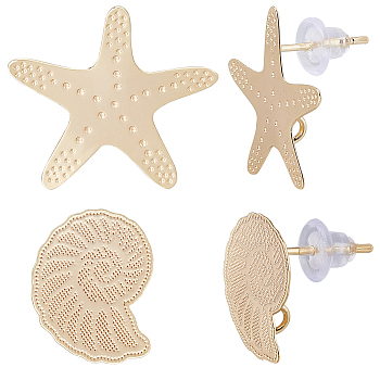 16pcs 2 style Snail & Starfish Brass Stud Earring Findings, with Vertical Loops, Nickel Free, with 30Pcs Plastic Ear Nuts, Real 18K Gold Plated, 15~19x13~20mm, Hole: 1.8mm, Pin: 0.7mm, 8pcs/style